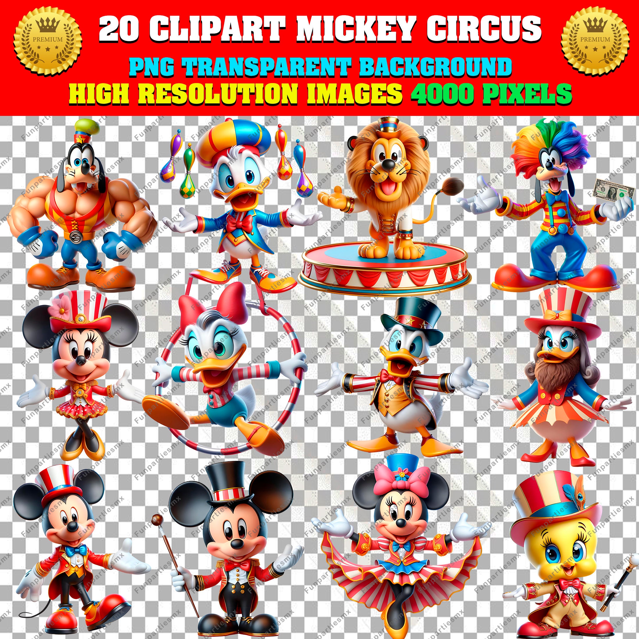 Mickey Friends Circus Party Clipart Bundle, PNG Transparent, High