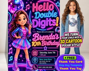 Personalized Double Digits Neon Disco Birthday Invitation (Digital Download)