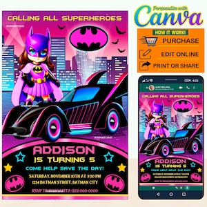 60% Off sale- Batwoman comic party digital birthday invitation EDITABLE in CANVA, BATWOMAN party invite Canva, instant download, New 2023
