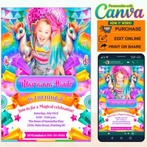 60% Off, Jojo Siwa rainbow unicorn party digital birthday invitation EDITABLE in CANVA, Jojo Siwa invite Canva, instant download, New 2023