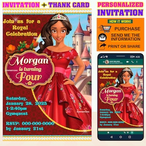 50% korting op de uitverkoop: afdrukbare verjaardagsuitnodiging voor Elena of Avalor (GEPERSONALISEERD), gratis bedankkaart!, zelf afdrukken!
