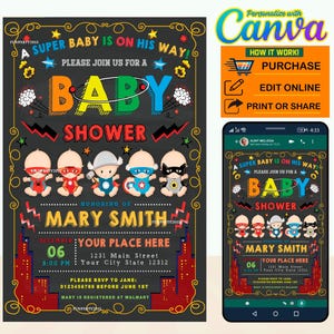 60% de descuento - Invitación digital de cumpleaños para baby shower de superhéroes EDITABLE en CANVA, descarga instantánea, diseño nuevo 2023