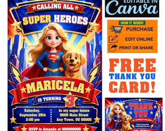 Comic Super Hero Girl Birthday Invitation, Editable Canva, Printable 5x7, Free Thank You Card