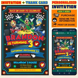 50% korting! - GEPERSONALISEERDE uitnodiging Mickey Roadster racers, uitnodiging Mickey verjaardag, uitnodiging schoolbord Mickey Roadster, gratis bedankkaartje!