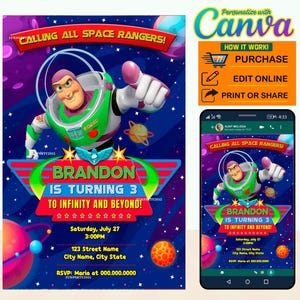 50% Off,  Buzz Lightyear party digital birthday invitation EDITABLE in CANVA, Buzz Lightyear party invite Canva, instant download, New 2023