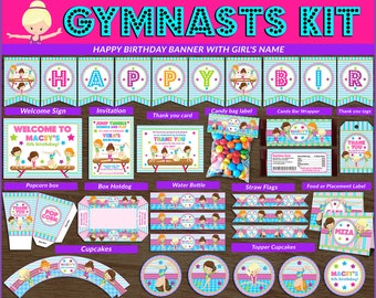 50% off! - PERSONALIZED Gymnast printable kit party, Gymnast Party Birthday package, Gymnastics party kit, Party package Gymnastics Girls.