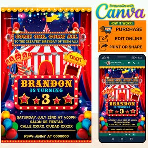 50% korting: digitale uitnodiging circus carnaval BEWERKBAAR in CANVA, uitnodiging circus carnaval Canva, instant download, ontwerp nieuw 2023
