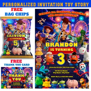 50% korting: GEPERSONALISEERDE TOY STORY-uitnodiging, afdrukbare uitnodiging verjaardagsfeestje, gratis bedankkaart en zakje voor chips, afdrukbaar