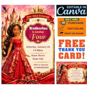 Może przedstawiać: Cyfrowy szablon zaproszenia na urodziny z księżniczką w czerwonej sukni, tłem z zamkiem oraz tekstem Our littel Princess Katherine is turning Four, Saturday, January 28, 1-2:40pm, Name Street, Name City, RSVP to Amanda at 000000000.