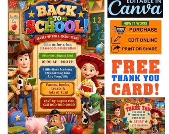 Woody and Jessie Back to School Invitation, Editable in CANVA