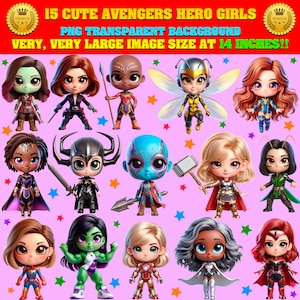 15 süße Super Comic Held Mädchen CHIBI Clipart Bundle, Png transparent, Hi-Res, sofortiger Download, Sublimation, Aufkleber, kommerzielle Nutzung!