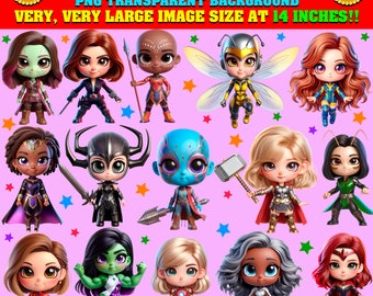 Cute Chibi Superhero Girls Clipart – Comic PNG Bundle (Digital Download)