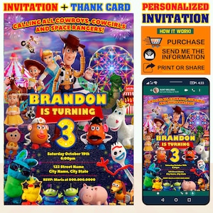 50% korting - afdrukbare uitnodiging Toy STORY 4 voor verjaardagsfeestje (GEPERSONALISEERD), gratis bedankkaart!, zelf afdrukken!, Nieuw ontwerp 2022