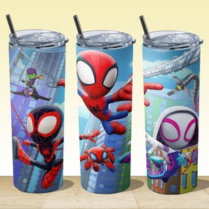 May include: Three stainless steel tumblers with different Spider-Man characters. The tumblers are blue with a white background and feature Spider-Man, Miles Morales, and Spider-Gwen.