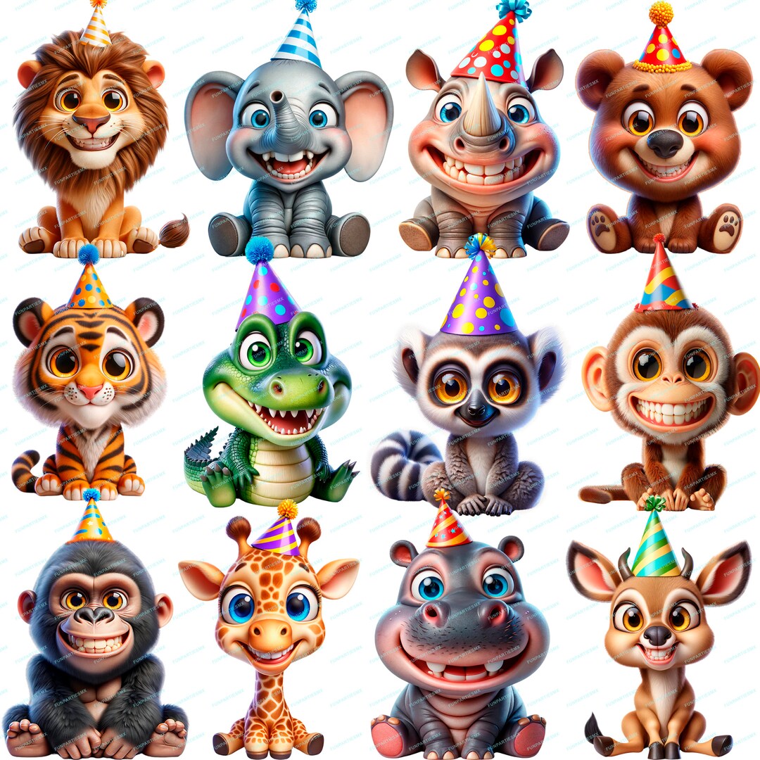 12 Clip Art Jungle Animals Party Hats, PNG Transparent Background, Hi ...
