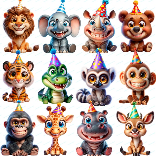 12 Clip art Jungle animals party hats, PNG transparent background, Hi-Res, instant download, Sublimation, Stickers, Commercial use!