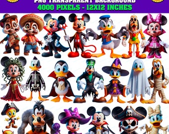 May include: A collection of 20 Halloween-themed clipart images featuring Mickey Mouse and friends in various costumes. The images are set against a transparent background and are 12x12 inches in size.