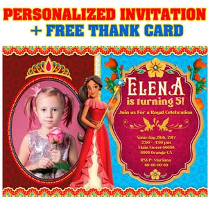 50% Rabatt- Prinzessin ELENA druckbare Einladung für Geburtstagsfeier (PERSONALISIERT), Dankeskarte Kostenlos!, Drucken Sie sie selbst aus!, Neues Design 2022