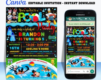 50% OFF, Mickey Pool party digital birthday invitation Chalkboard EDITABLE in CANVA, Mickey Pool party invite Canva, instant download