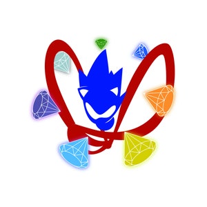 Pu&ograve; includere: Un personaggio dei cartoni animati blu con un vortice rosso intorno. Ci sono sette gemme colorate intorno al personaggio.