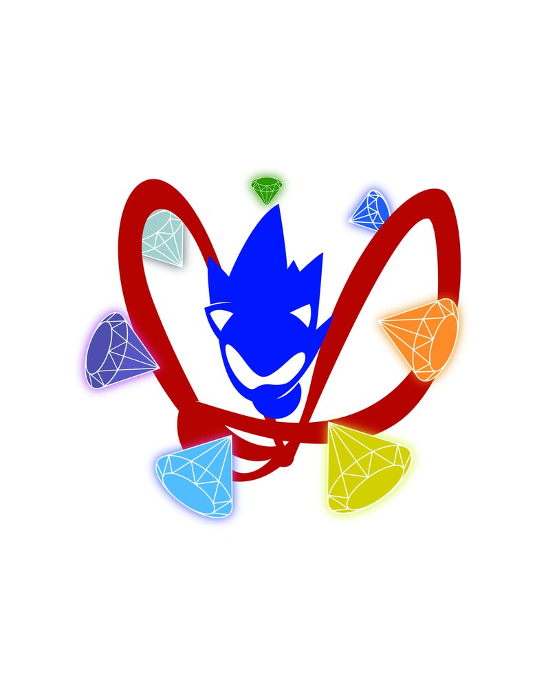 Pu&ograve; includere: Un personaggio dei cartoni animati blu con un vortice rosso intorno. Ci sono sette gemme colorate intorno al personaggio.