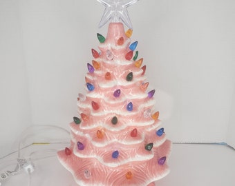 Ceramic Christmas Tree with Bulbs and Star Pink (Working) On Off Cord