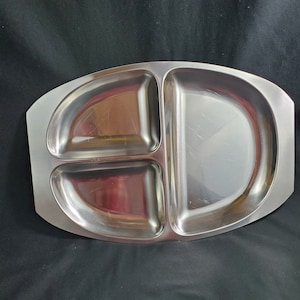 Vtg Platter Oval Stainless Steel with 3 Sections Food Tray