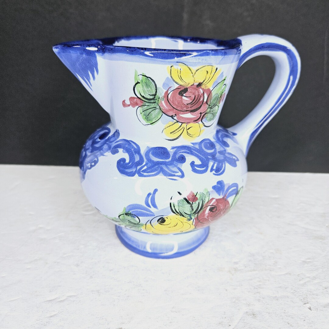Paint Pitcher Hand Painted Floral Ceramic Pitcher Made in Portugal (some Loss of ...