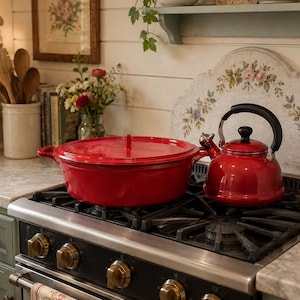 May include: A bright red enameled cast iron Dutch oven with a matching lid and a shiny red tea kettle with a black handle sitting on a stainless steel gas stove with five brass-colored control knobs and a floral patterned towel hanging on the front.