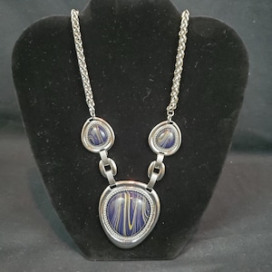 Statement Pendant Necklace with Silver Tone Chain Large Black Blue Gold Cabochon