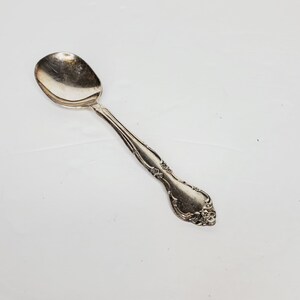May include: A silver spoon with an ornate handle. The spoon has a rounded bowl and a decorative design on the handle.