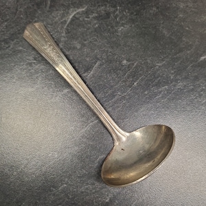 May include: A silver serving spoon with an ornate handle and a rounded bowl.