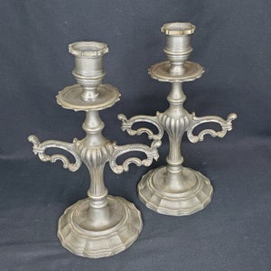 Vtg Ornate Pewter Candlestick Holders with Arms and Drip Catcher Matched Pair CRACKED HTF