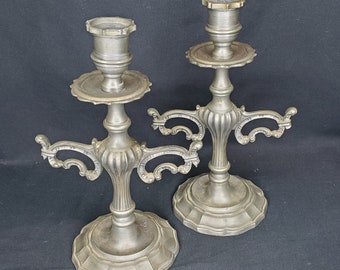 Vtg Ornate Pewter Candlestick Holders with Arms and Drip Catcher Matched Pair CRACKED HTF