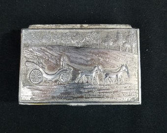Metal Trinket Souvenir Box Syracuse NY Carriage Horses Coachmen Trees Made in Japan Repousse