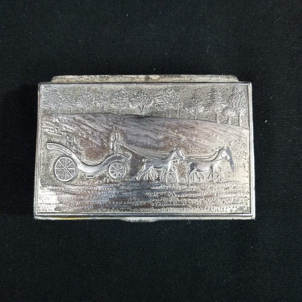 Metal Trinket Souvenir Box Syracuse NY Carriage Horses Coachmen Trees Made in Japan Repousse
