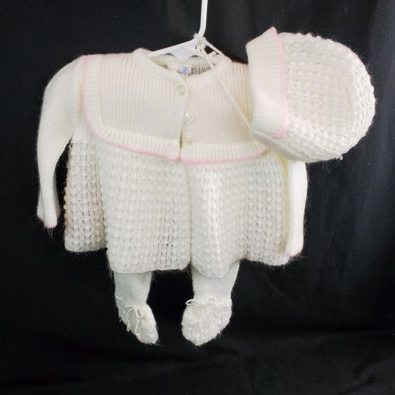 Atkins Sweater Set Baby Meisje Wit Roze Trim Trui Leggings Hoed Gemaakt in Griekenland Kleding Meisjeskleding Babykleding voor meisjes Truien 