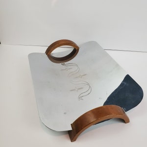 Vintage Curved Metal Serving Tray with Wooden Handles