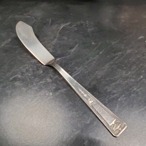 May include: A silver butter knife with a decorative design on the handle.