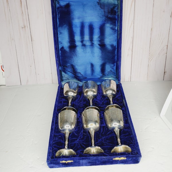 6 Vintage Goblets Silver Plate Over Brass Etched Made In India?