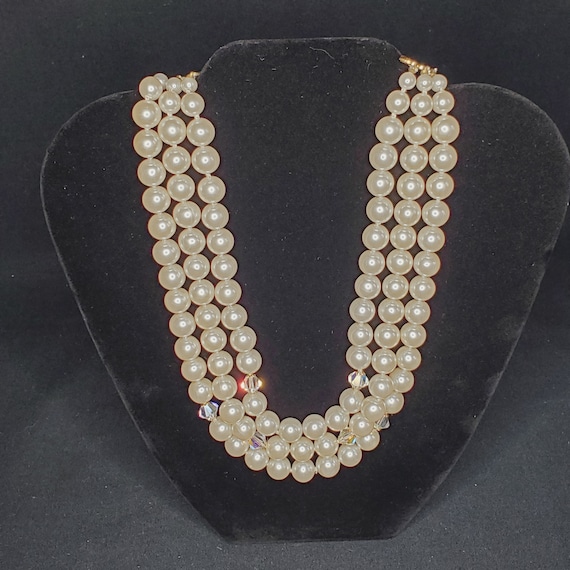 Faux Pearl Beaded 3 Strand Choker Necklace with C… - image 1