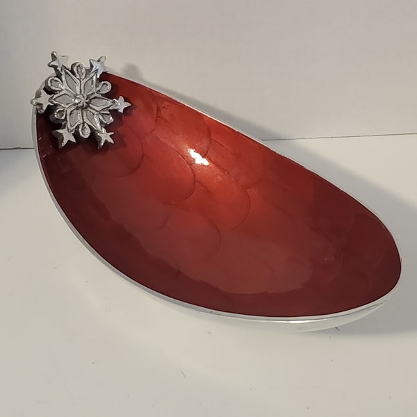 Oblong Bowl Candy Dish Silver Tone Red