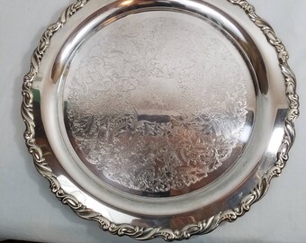 Oneida Round Silver Plate Tray Sea Crest Pattern 15 in Wide Heavyweight Aion Depiction Cyclical Time