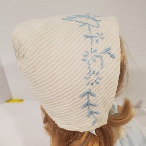Cotton Newborn Hat White w Blue Embroidery New Ribbon Tie