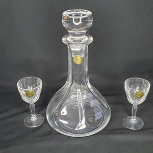 Decantador de licor vintage de cristal transparente con 24 % de plomo, con vasos, fabricado en Francia