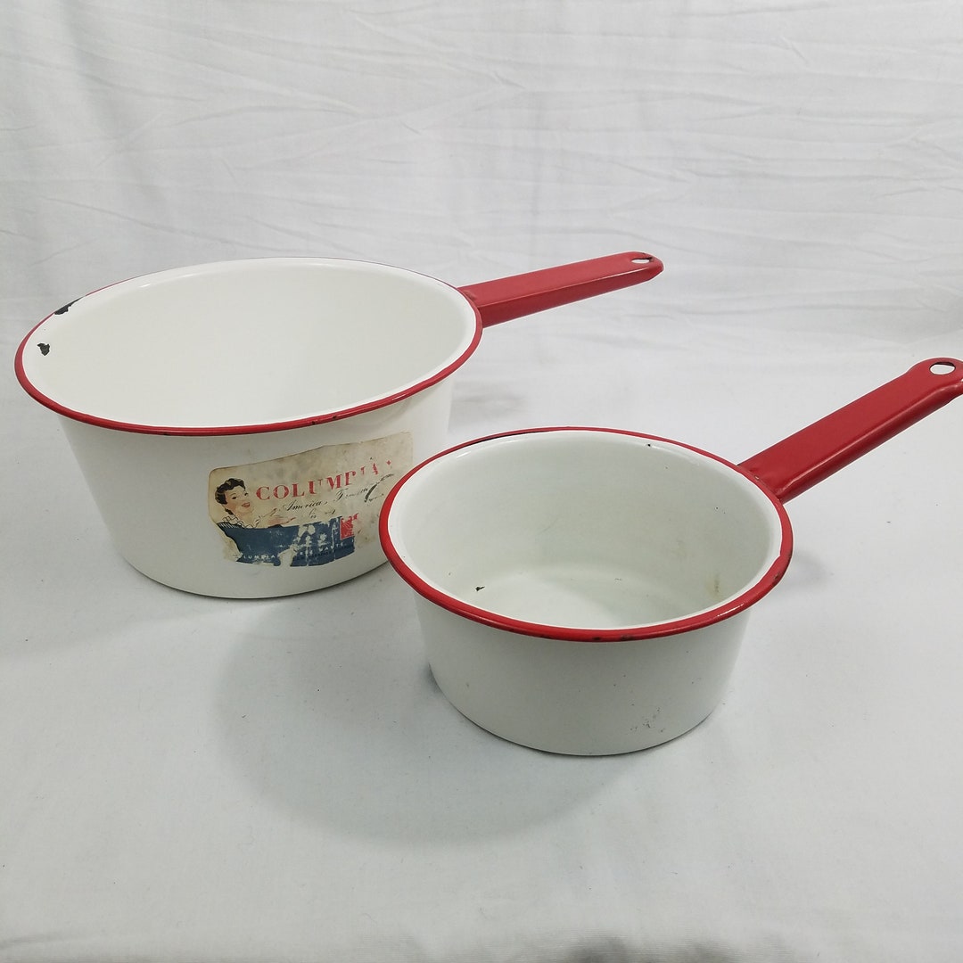 Columbian Enamelware Saucepans Red Handles & Trim Lot of 2 America's
