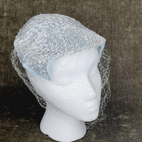 50s/60s Silver Pale Blue Juliet Cap With Netting - image 1