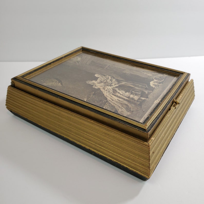 Victorian Jewelry / Keepsake Box Wood Print under Glass Mirror Etsy