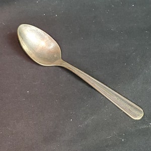 May include: A silver teaspoon with a rounded bowl and a long, slender handle.