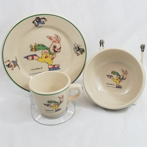 Santone Warwick China Oswald the Lucky Rabbit Child's Dinnerware Set Plate Bowl Cup  Made in USA Walter Lanz